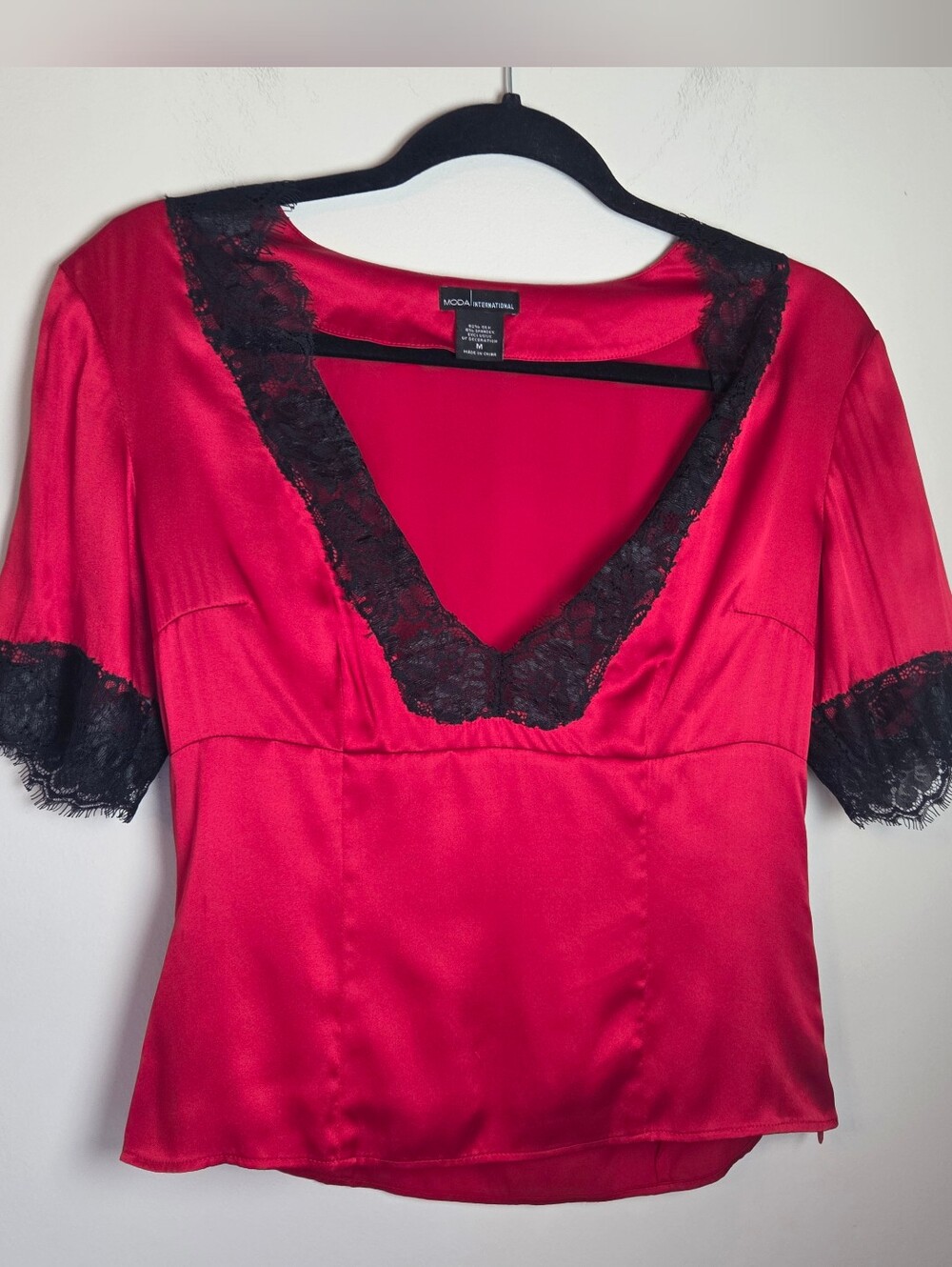 Moda International Red Silk with Black Lace Trim Top